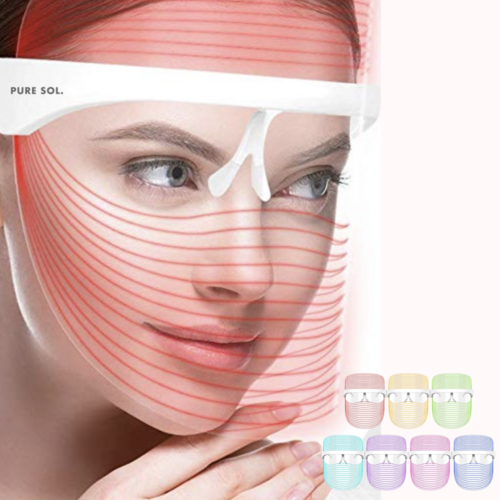 LED-lichttherapiemasker op gezicht met rode lichtlijnen en ooguitsparingen