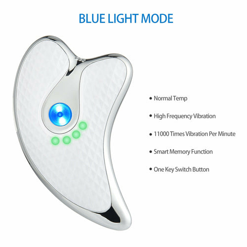 Elektrische gezichts-schraper met blauwe LED-licht en massagekop, wit en zilver