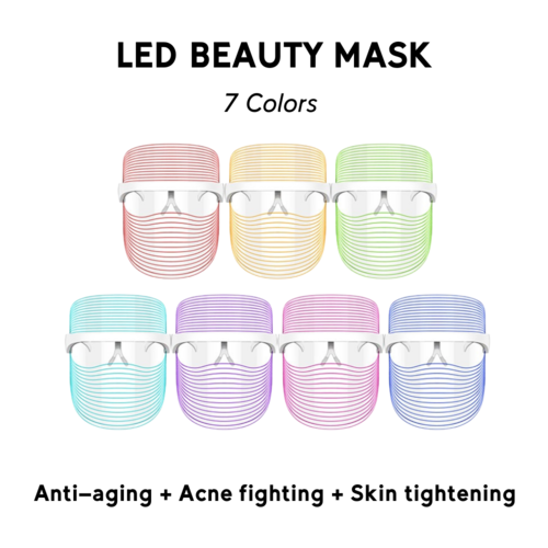 LED beauty masker in 7 kleuren, met verschillende lichtstreepkleuren en witte beugel