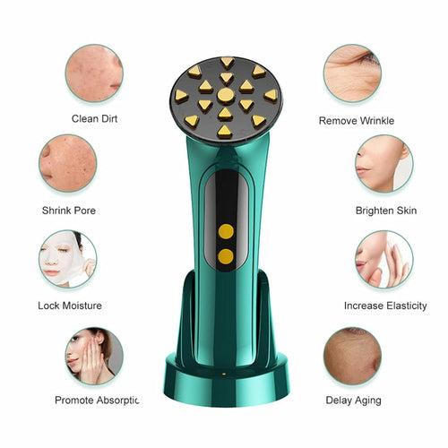 Gezichtsmasseerder met ronde LED-kop en teal behuizing, staand op zwarte basis.