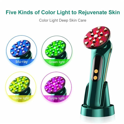Gezichtsmasseerder met ronde LED-kop die vijf lichtkleuren weergeeft, teal behuizing.