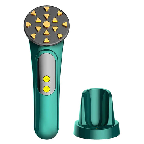 Groene gezichtsmasseur met ronde LED-kop en goudkleurige puntjes, met standaard