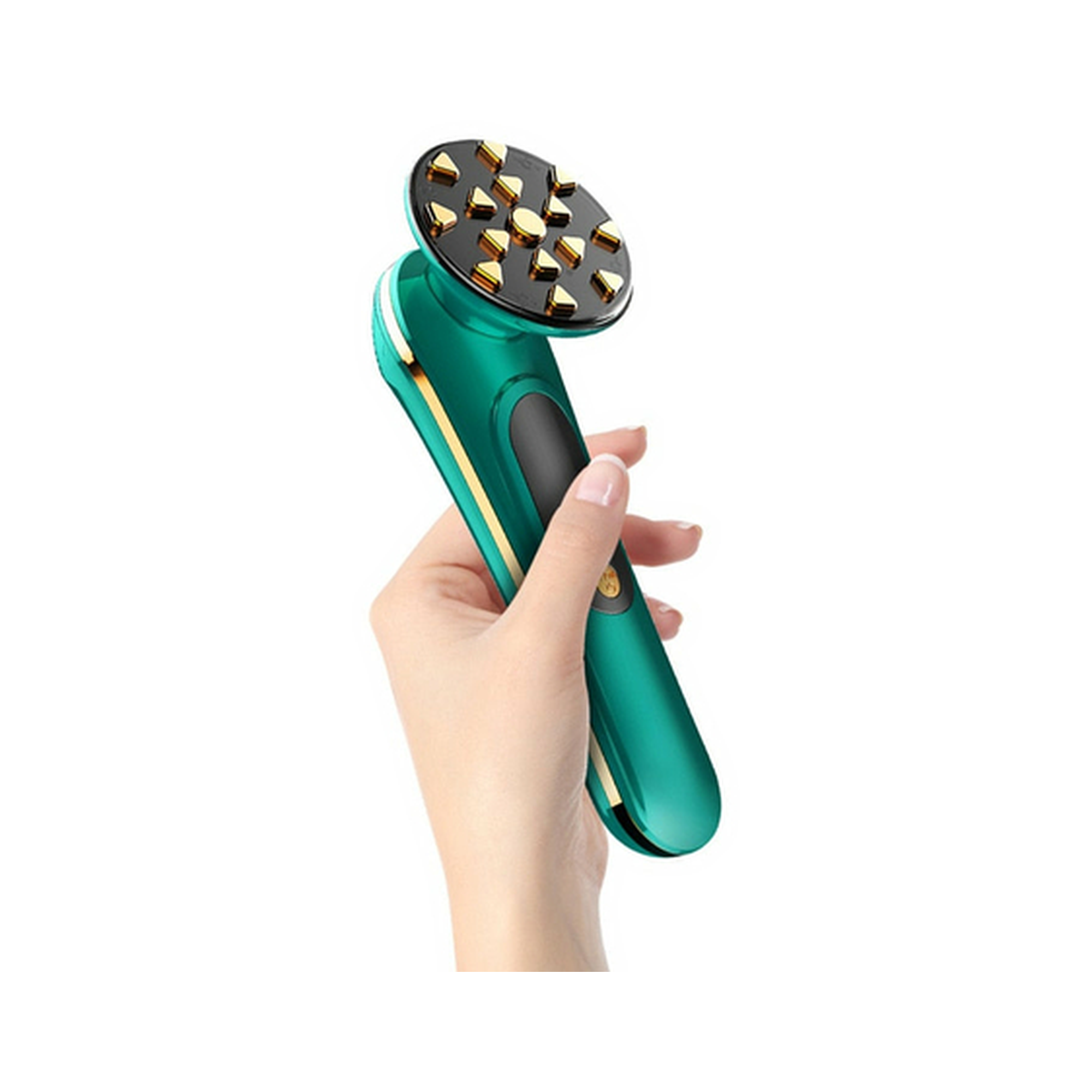 Groen handmassageapparaat met ronde kop en massagepunten